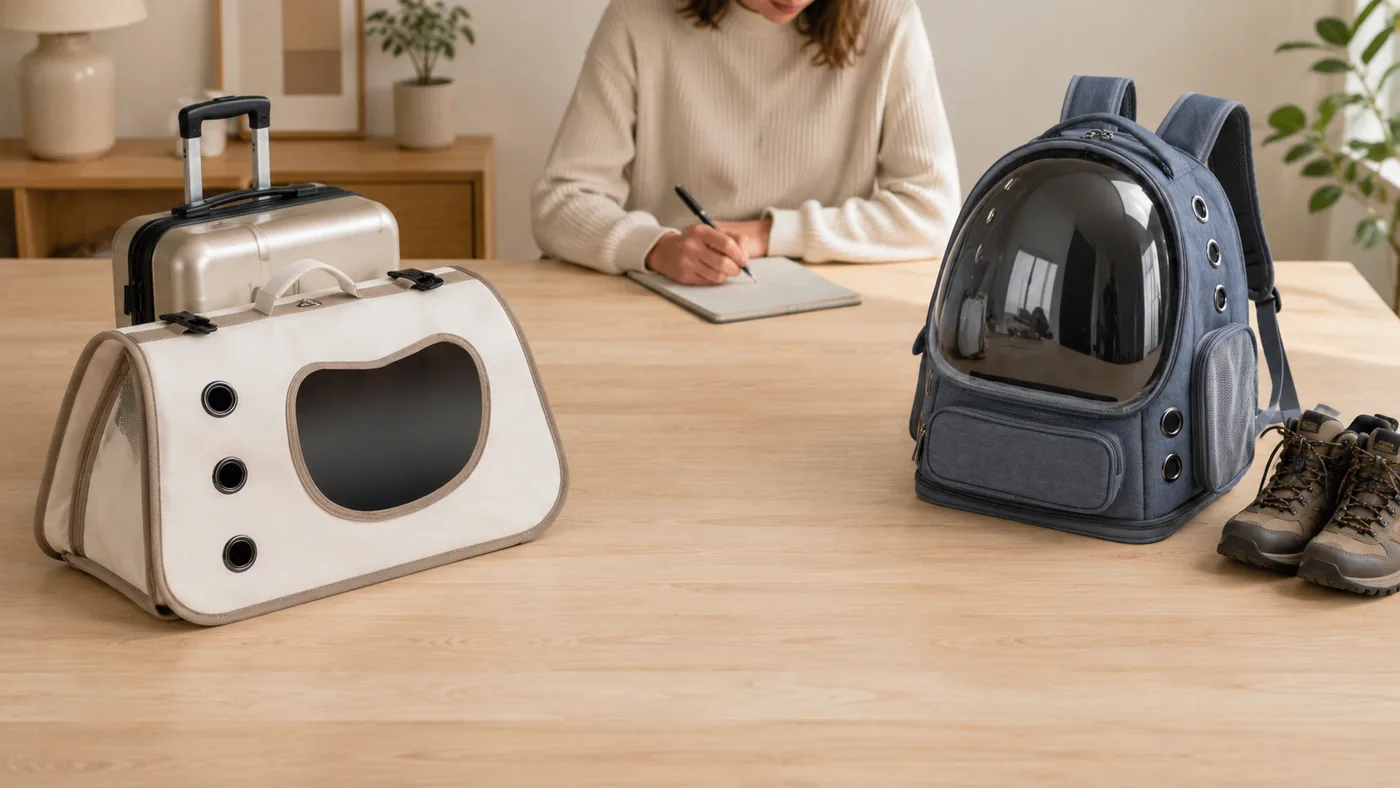 A soft shoulder carrier and a bubble backpack side by side on a table