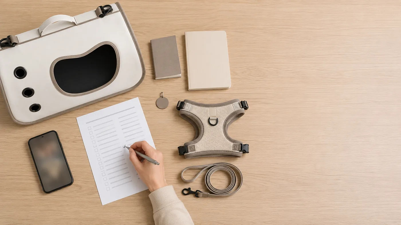 Travel documents, a harness and a lead laid out on a table beside the shoulder carrier
