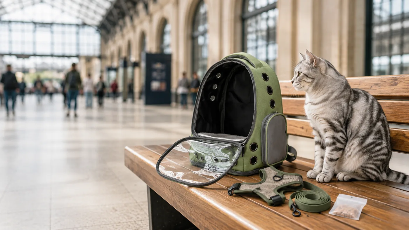 An open sage green cat backpack on a station bench, a harness and lead beside it, a cat sitting and looking at it