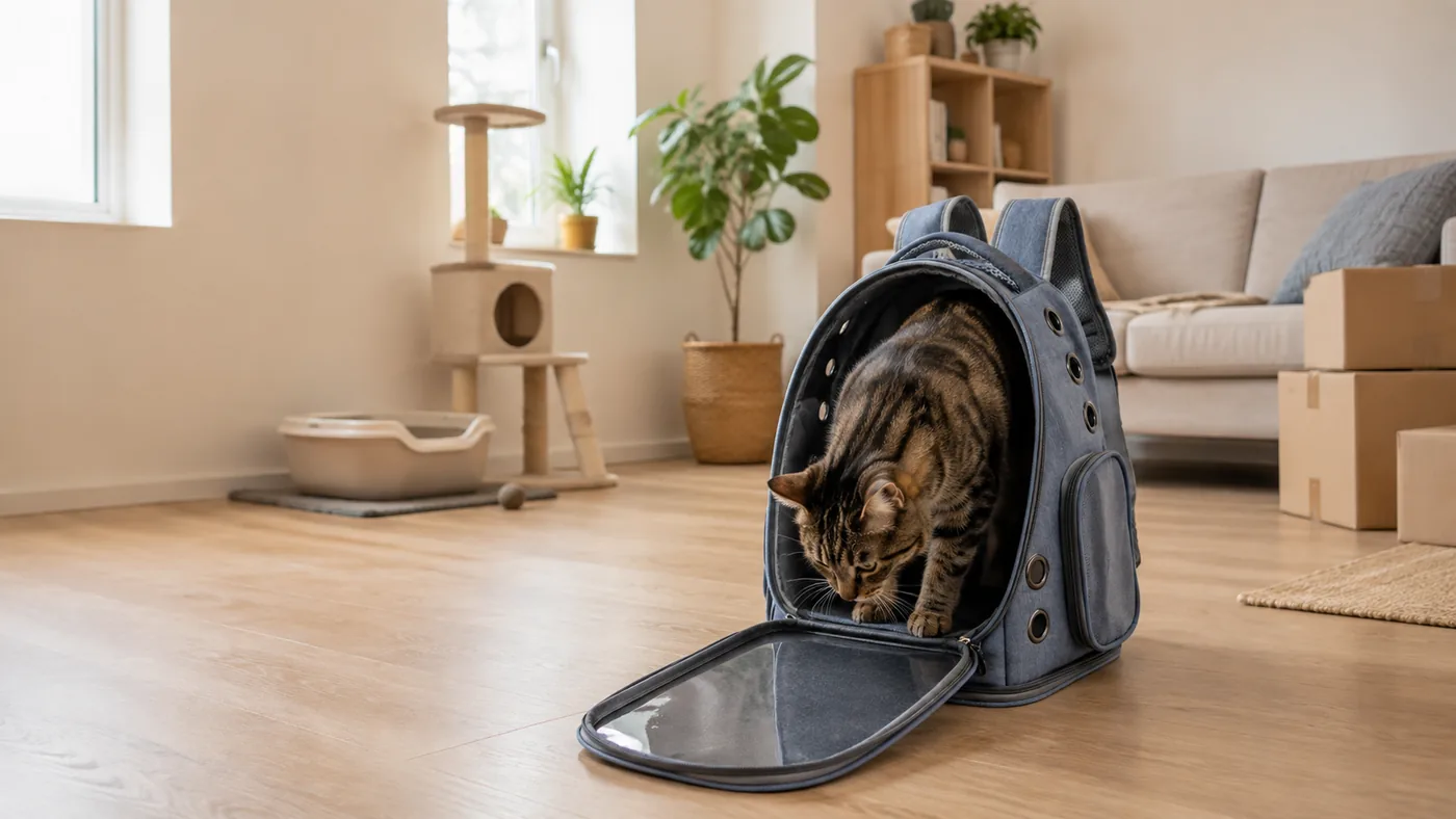 A cat stepping out of an open carrier in a half-unpacked room with cardboard boxes