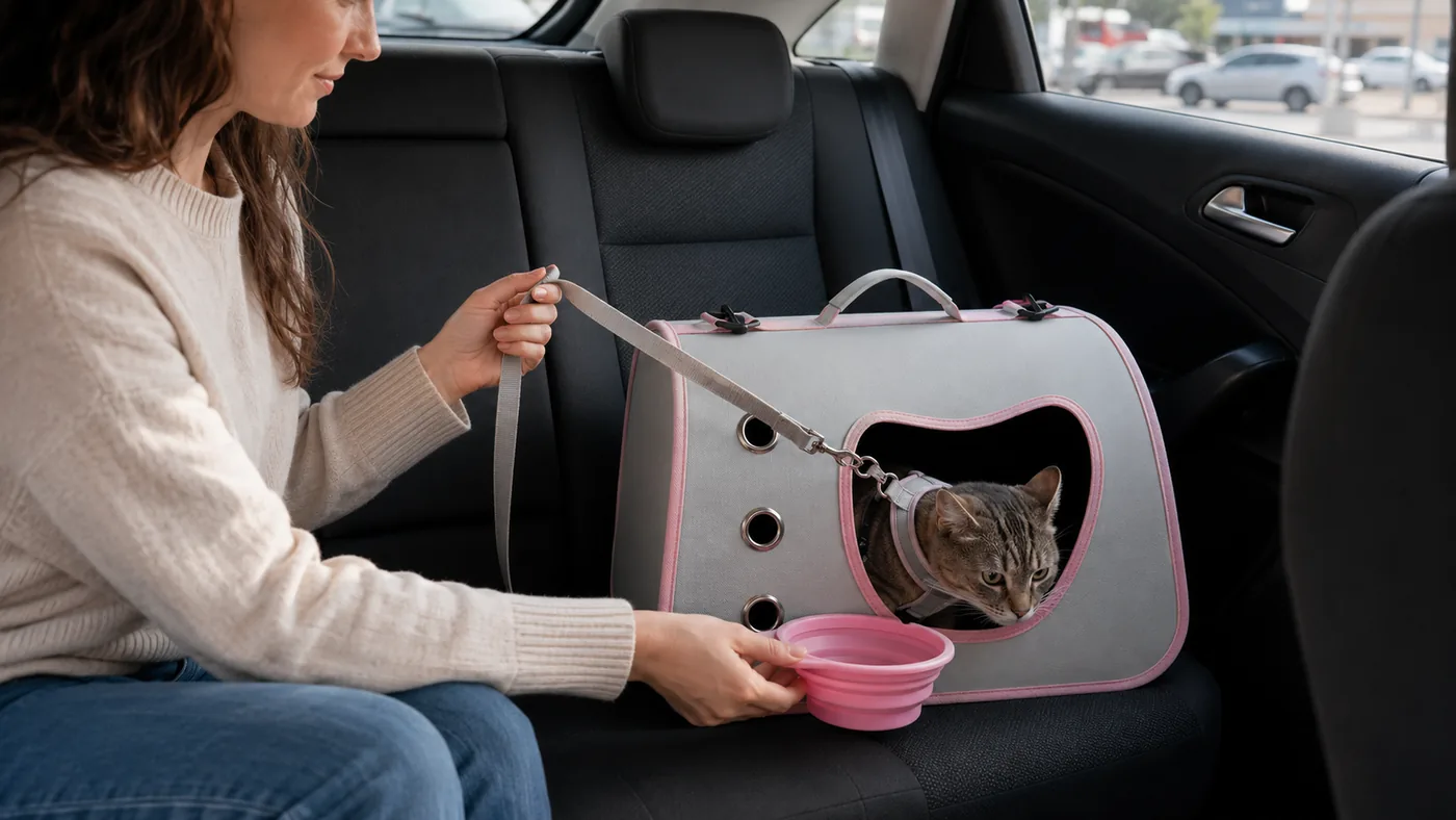 A person crouched at an open car door offering a small bowl of water to a cat inside a soft carrier on the rear seat