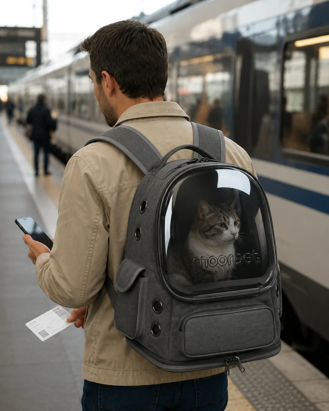 The bubble backpack worn on a railway platform, the cat looking out through the window