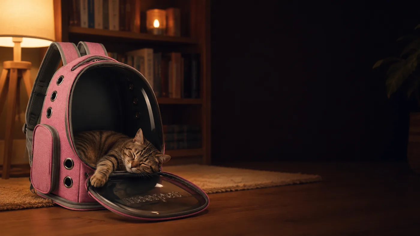 A cat asleep inside an open carrier left out in a living room, treated as furniture