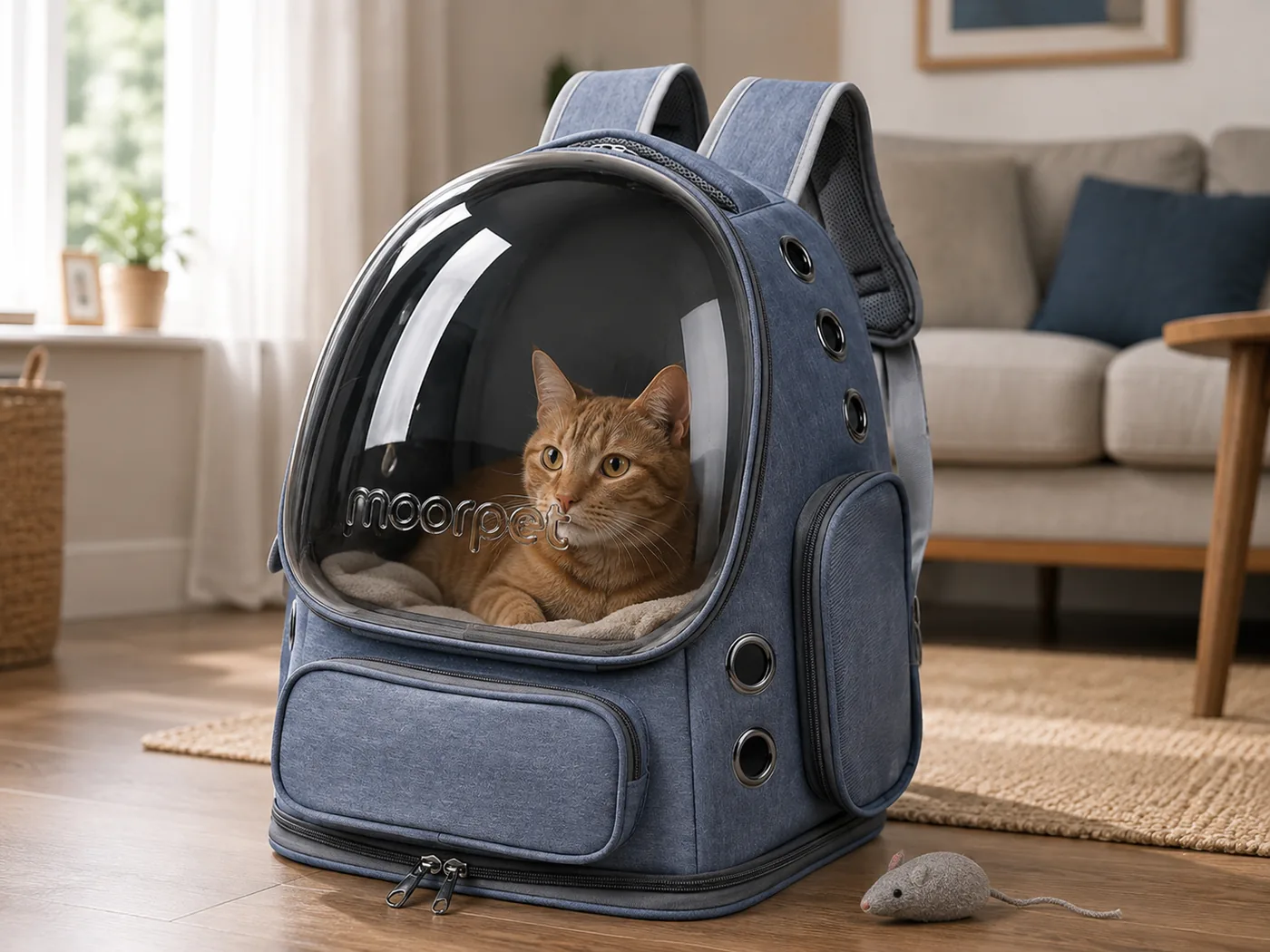 A cat resting in a quiet corner of a living room next to an open carrier