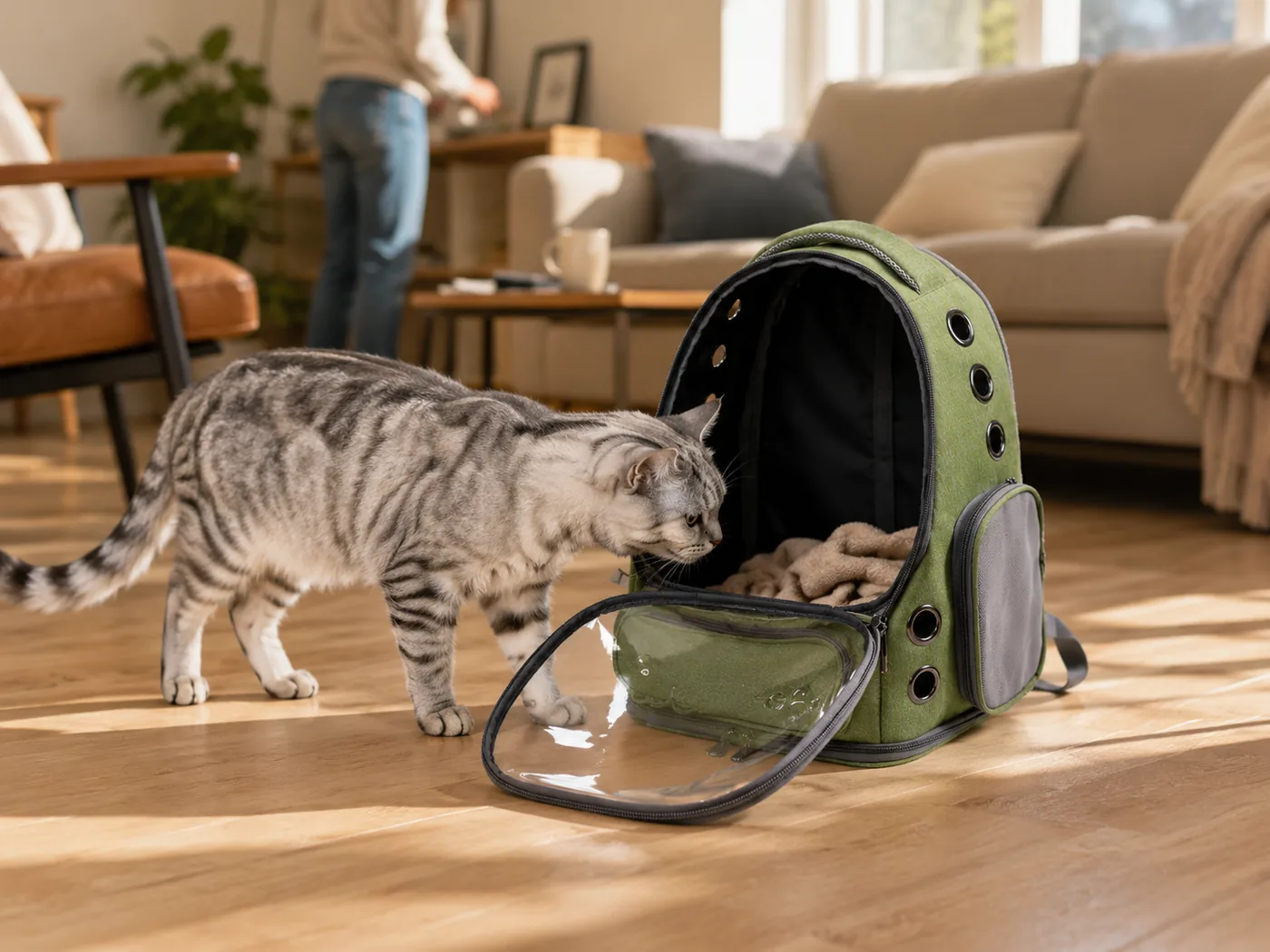 A cat walking past an open carrier left on the floor of a living room, ignoring it